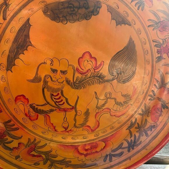 Set of 2 Wax Stamped Vintage Asian Hand Painted Floral Wooden Plates - Picture 10 of 16